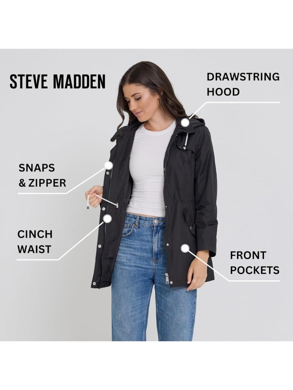 Women's Black Comfort Waterproof Hooded Anorak Windbreaker Coat Rain Jacket - Picture 6 of 7